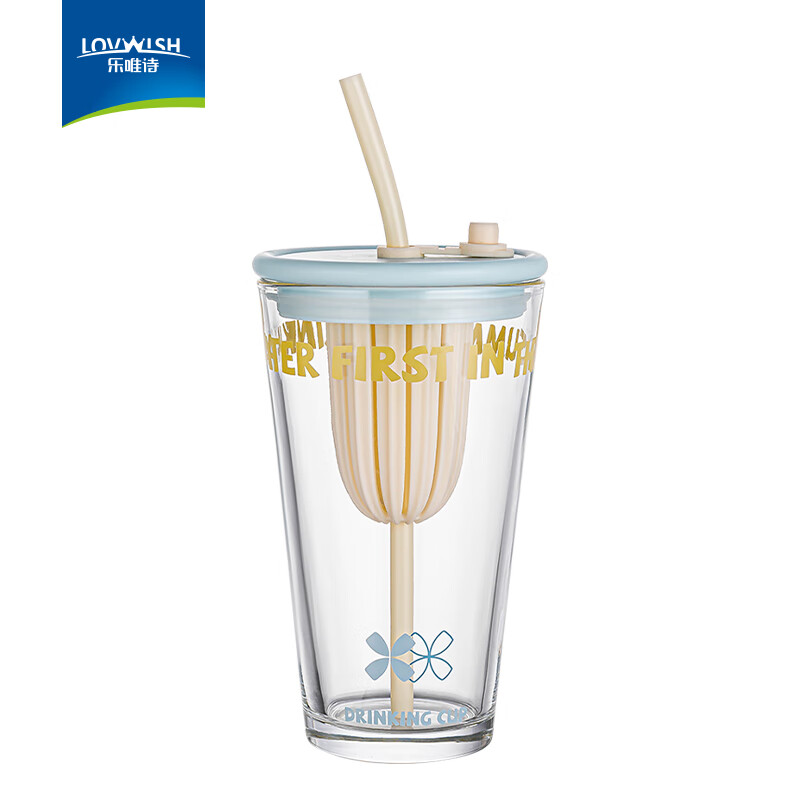 乐唯诗（LOVWISH）玻璃杯带茶仓女高颜值茶水分离果茶杯泡茶杯子办公室大容量吸管杯 乐果吸管杯【蓝色】450ml1只