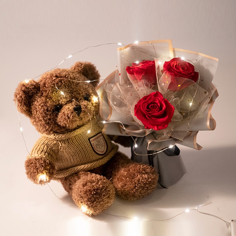 roselita永生花泰迪熊套装玫瑰花母亲节520情人节生日礼物送女友老婆
