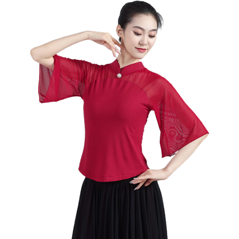 貝茲曼中國(guó)風(fēng)古典舞服裝現(xiàn)代舞上衣女民族舞服裝喇叭袖上衣廣場(chǎng)舞服裝 TLS棗紅喇叭袖上衣 3XL (120斤-125斤)
