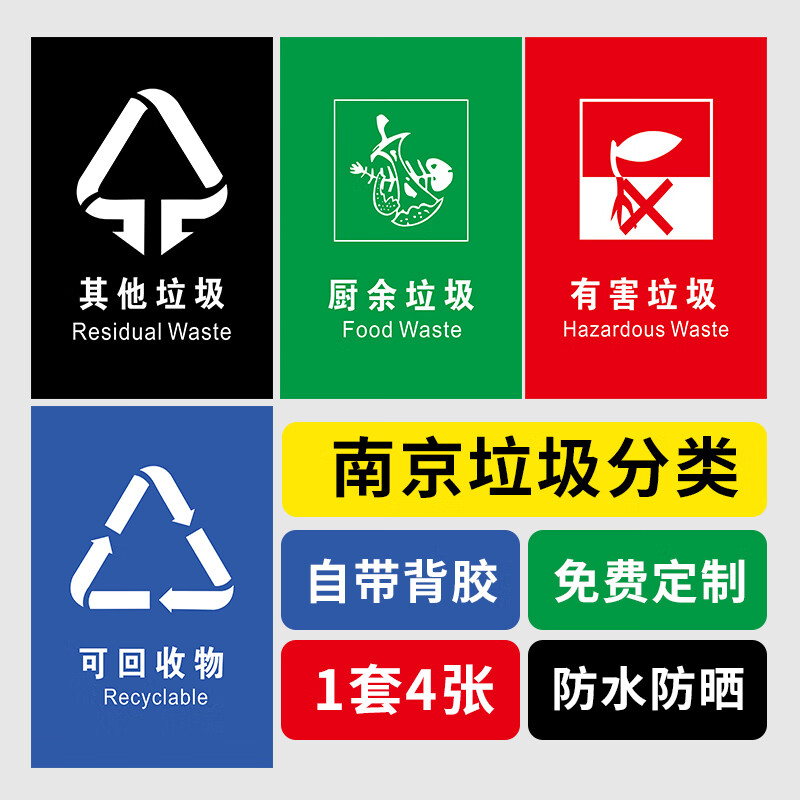 北京南京杭州垃圾分类提示牌可回收物厨余有 南京垃圾_简易版(4张)