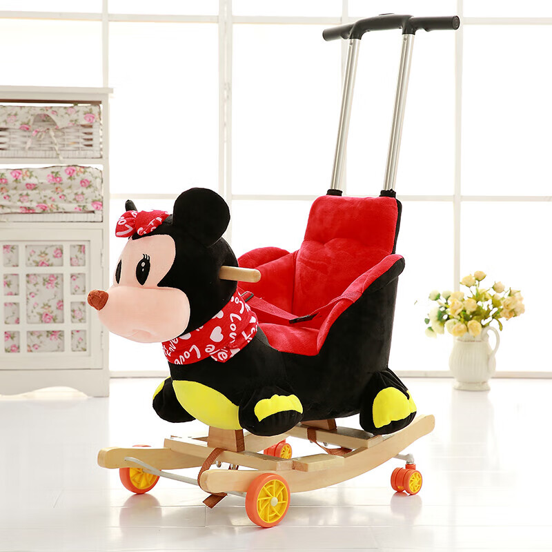 两用实木婴儿玩具摇摇车带音乐摇椅骑马宝宝周岁礼 拉杆黑米奇 万向轮