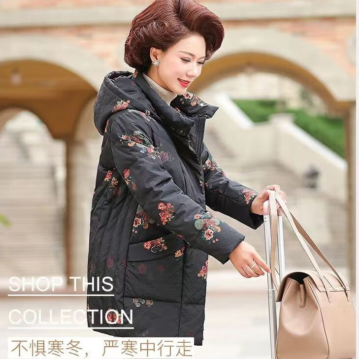 英皇保罗羽绒服女2022新款中长款洋气印花宽松保暖加厚外套 牡丹花色