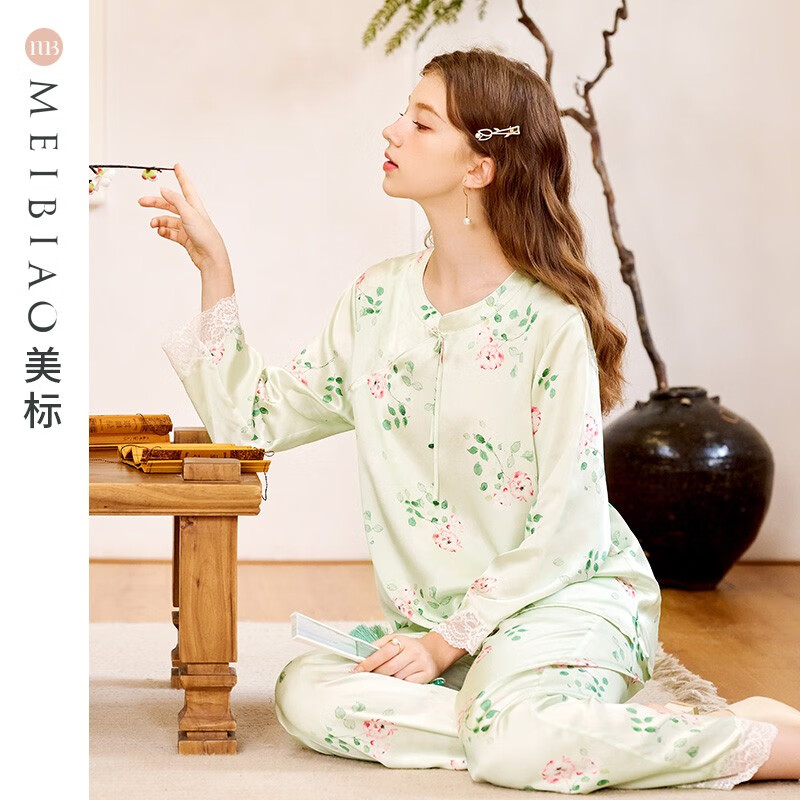 美标商场同款送礼物长袖真丝睡衣女春秋重磅桑蚕丝中国风丝绸家居服夏 淡绿 L (165/88A)