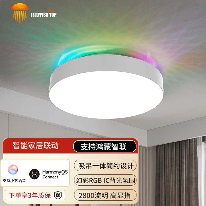 水母云(JELLYFISH TUR)简约高亮智能吸顶灯客厅卧室儿童房氛围背光鸿蒙智联语音控制防虫 33W 20㎡内适用 2800lm 18m² 内 京东折扣/优惠券