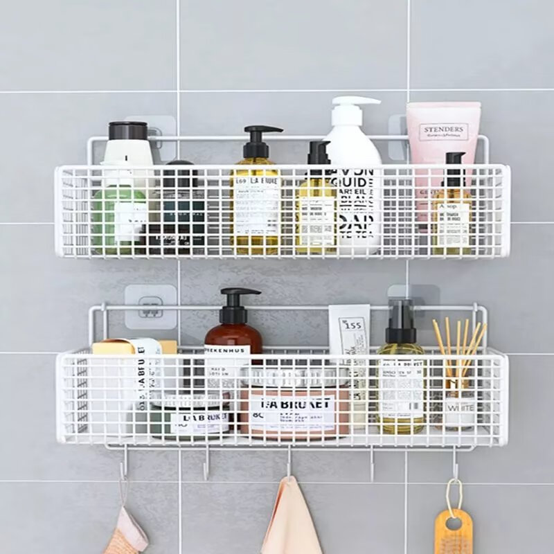 【现发】卫生间置物架免打孔浴室壁挂洗漱淋浴房墙上收纳厕所用品 黑超大号1个排勾1个无痕贴