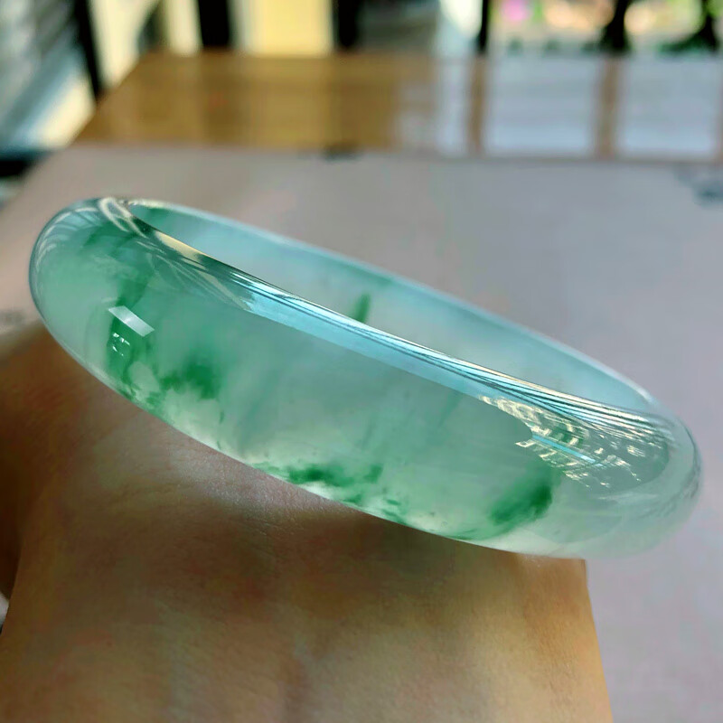缅甸老坑翡翠手镯冰种飘花玉手镯细条少女款玉石女款配饰吊坠 52-54mm