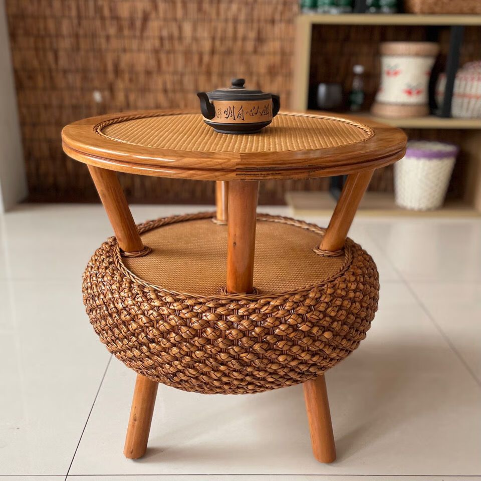 羡上天然藤编茶桌椅组合阳台圆形小茶几家用简约实木休闲喝茶小圆桌子