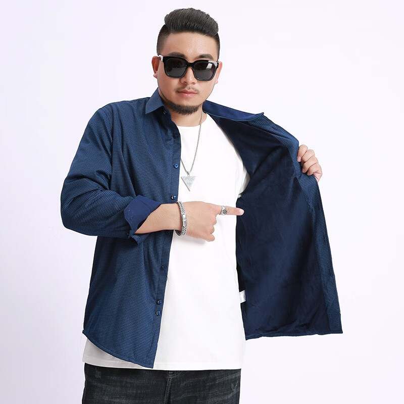 衬衣加肥大码爸爸装休闲保暖肥佬衬衫 深蓝色 2xl (适合160-180斤)