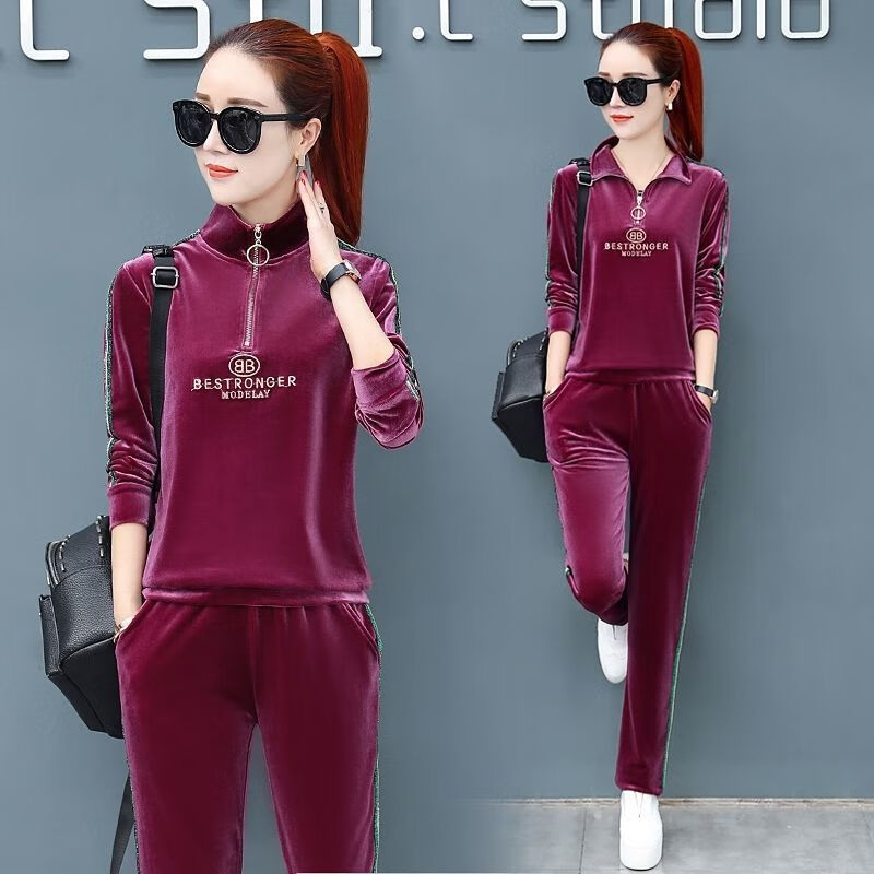 套装女韩版时尚金丝绒运动服套装女秋冬季加绒加厚大码200斤胖mm两件