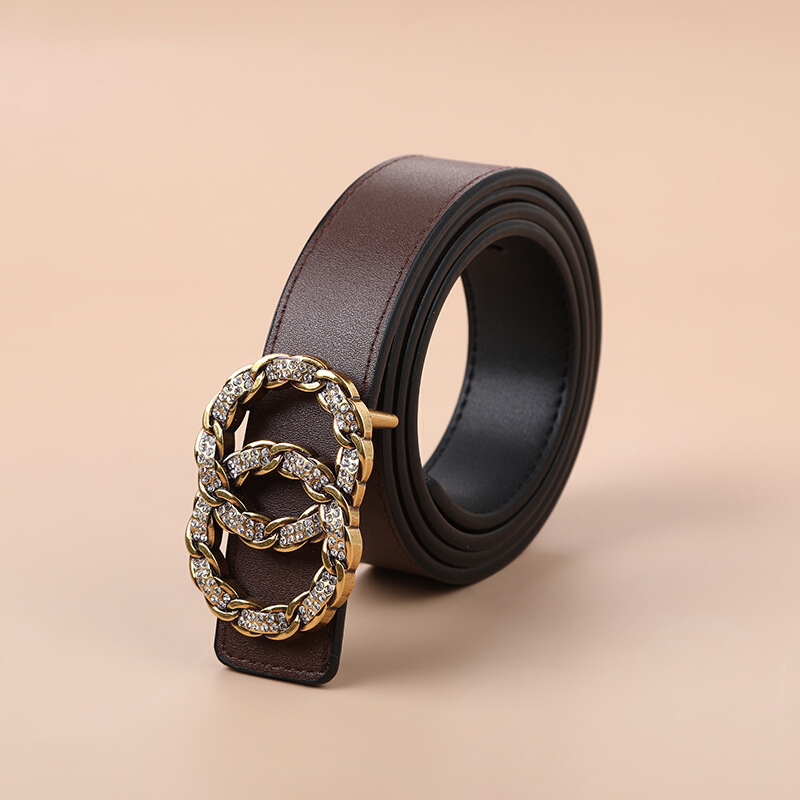 驰亦腰带女士皮带真皮钻石皮带双环镶钻裤带牛皮 咖啡色