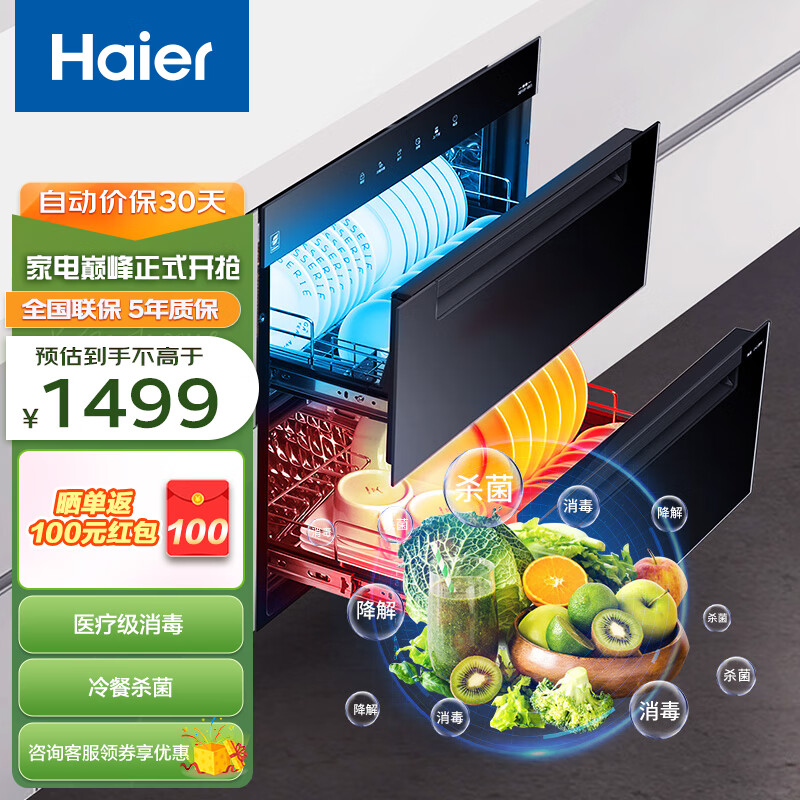 海尔（Haier）消毒柜嵌入式 家用消毒碗柜 大容量双二星上下独立控制 紫外线+光波巴氏升级消毒0臭氧 婴儿奶瓶 二星级 100L