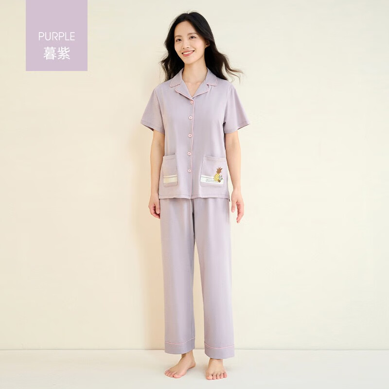 富妮来睡衣女士夏季短袖长裤棉质衬衫睡衣睡裤家居服套装新品可外穿
