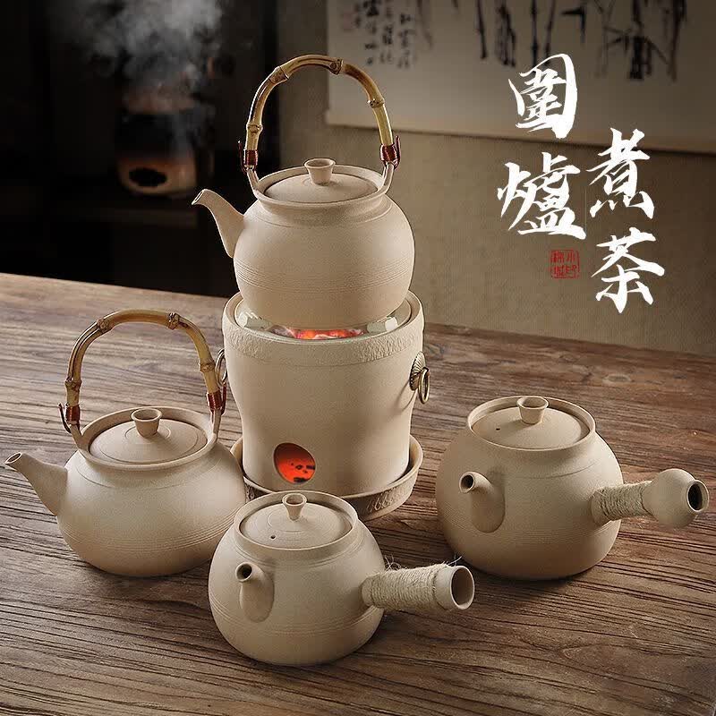 棉小城围炉煮茶炭电两用煮茶炉潮州砂铫壶原矿陶壶烧水壶耐热防烫提梁壶 升级电炭素简炉+底座+大号侧把壶