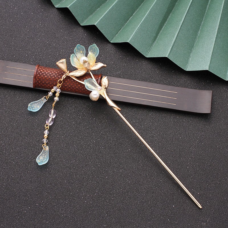 飞花缠花发簪流苏汉服头饰步摇古风簪子简约旗袍盘发簪荷花发钗 青莲