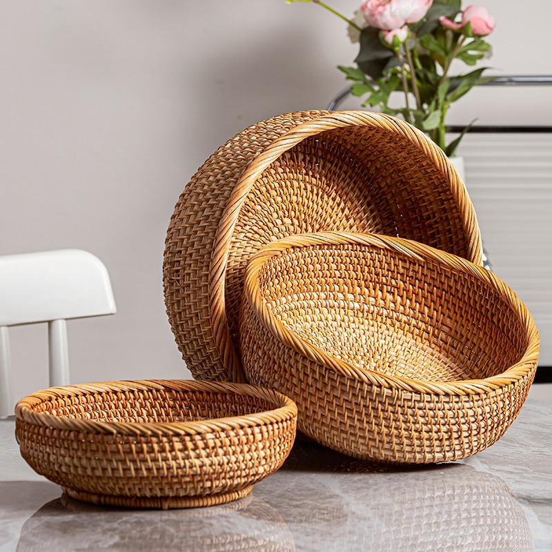 法漫玫水果篮藤编果篮圆形编织篮客厅茶几收纳筐面包篮子干果点 秋藤