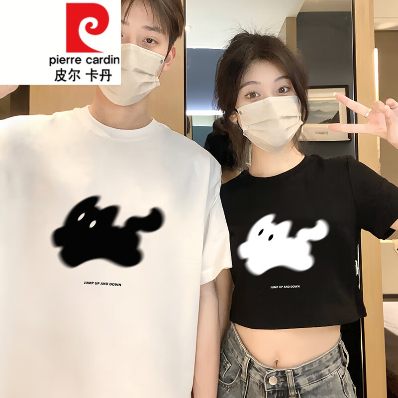 皮爾卡丹（pierre cardin）很仙的情侶裝夏裝露臍裝小眾設(shè)計感潮流特別短袖恤一長一短針織 男白+女黑(可愛貓) XXL/S