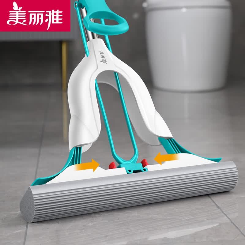 美丽雅家用对折挤水一键换头胶棉拖把 海绵吸水拖头免手洗拖把 38cm
