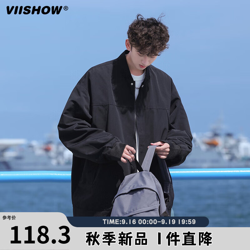 viishow棒球服外套男春秋季日系复古休闲工装宽松上衣飞行员夹克 幻影黑 L高性价比高么？