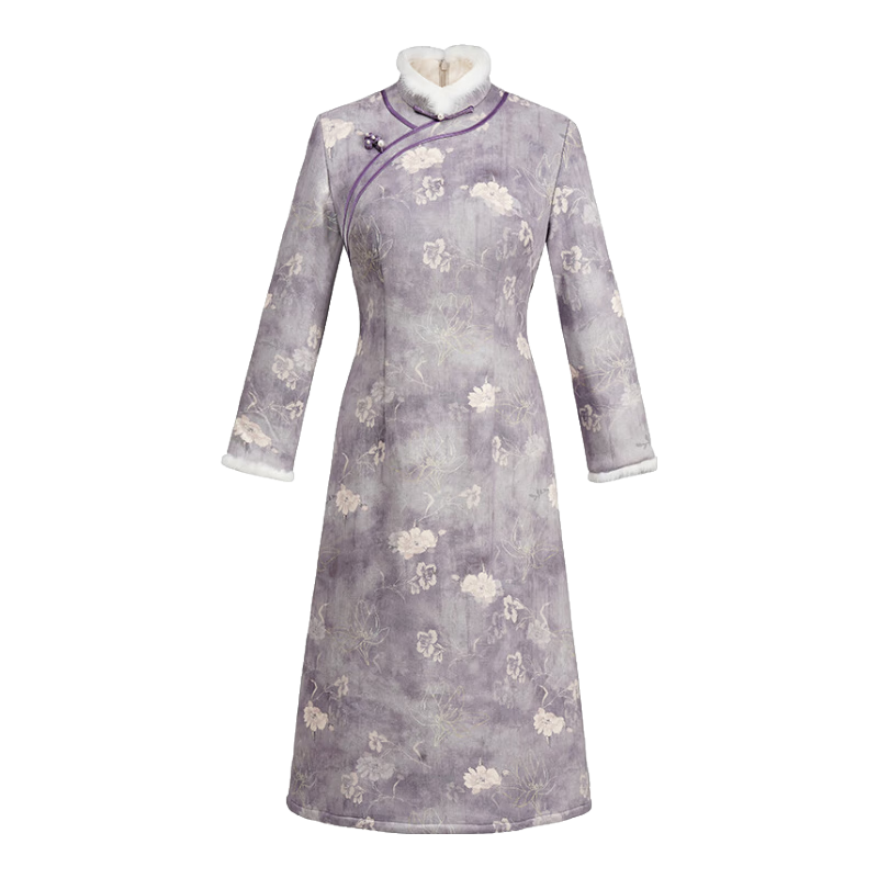 秀觀唐绒花2025冬装新款麂皮绒加厚保暖水貂毛领新中式改良国风旗袍裙 紫色 2XL