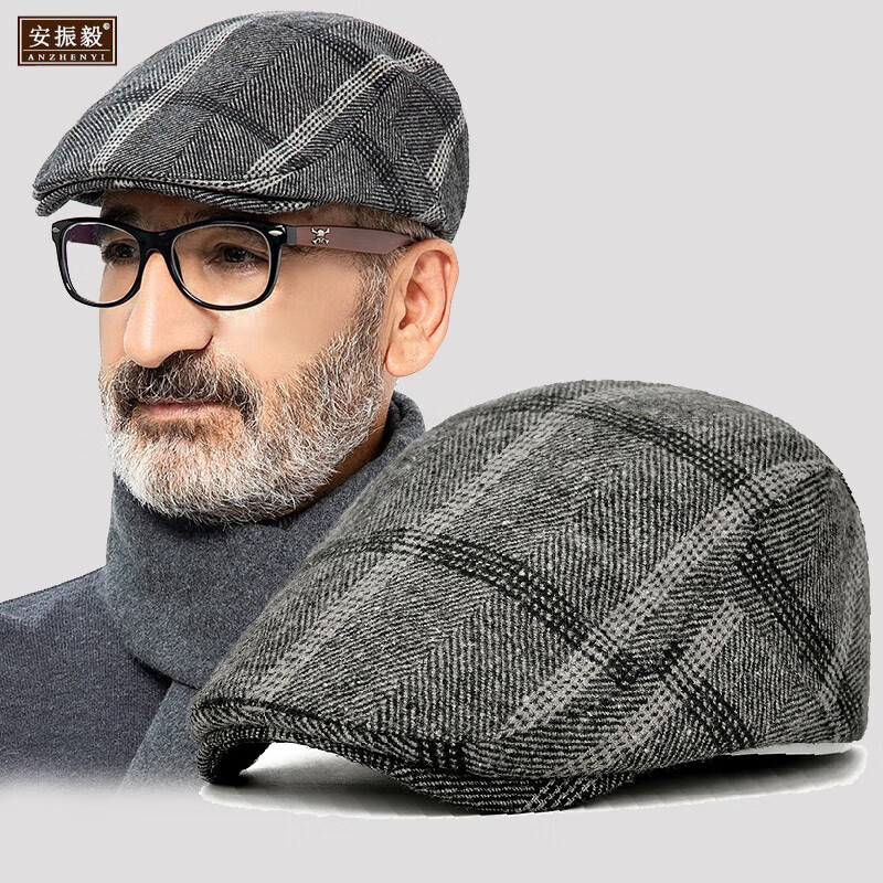 安振毅 老人帽老头帽子男春秋格纹中年男帽老年人爷爷鸭舌帽 黑色 可