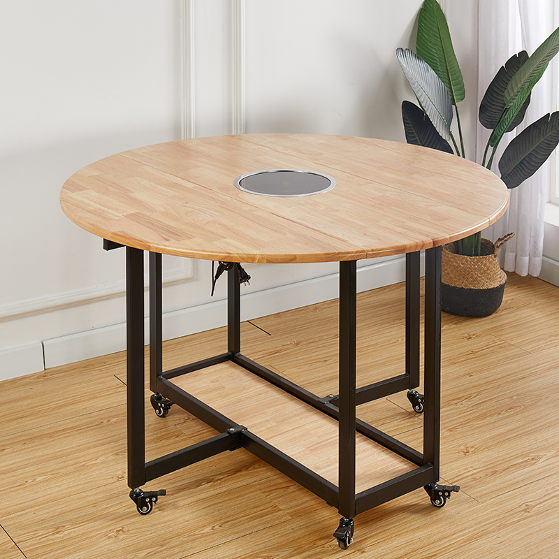 裙裳 折叠橡胶木一体电磁炉火锅餐桌家用可伸缩小户型实木大圆桌旋转