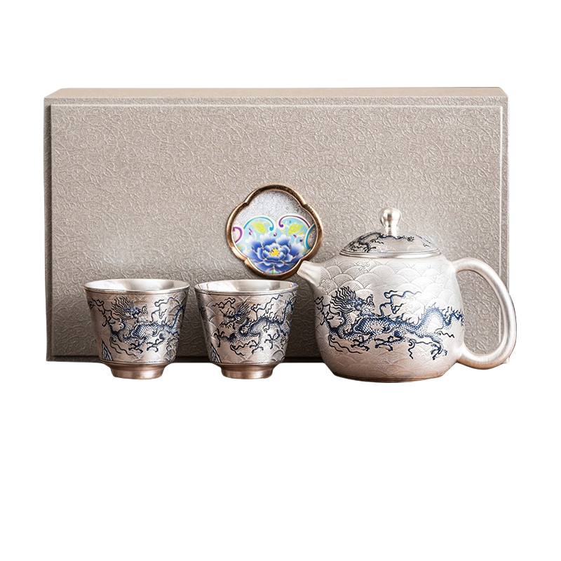 BOSSY金银错大师作品鎏银复古泡茶壶家用功夫茶具一壶两杯商务礼盒装 鎏银【青花龙】（礼盒） 3头
