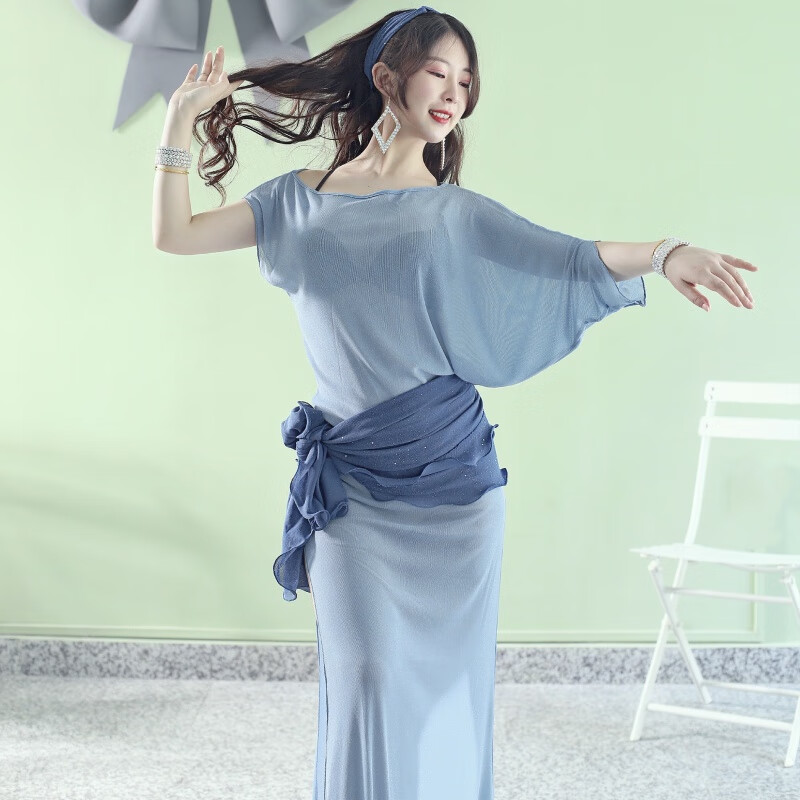 金邁鳥肚皮舞2024新款東方舞蹈服肚皮舞服裝女練功服2023春新款baladi袍 藍色(裙+底褲+深藍發(fā)帶臀巾) 均碼