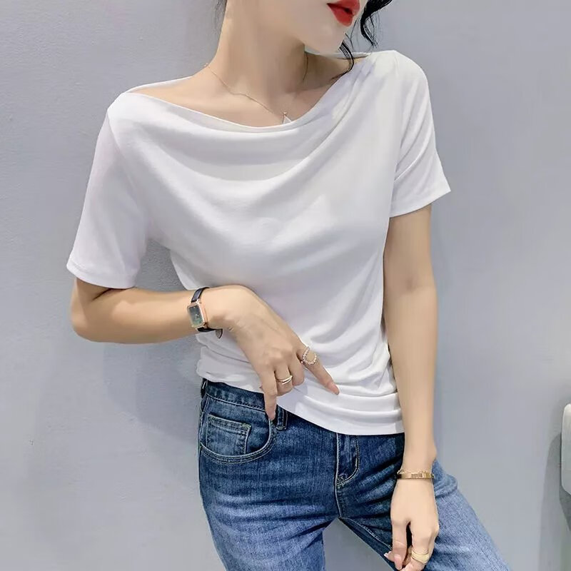 苜戈一字领短袖t恤女2024夏季新款小众设计感褶皱上衣洋气显瘦小衫潮