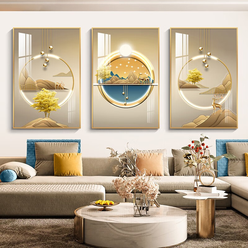 晶瓷画新中式沙发背景墙壁画北欧抽象玄关挂画卧室餐厅山水画免打孔