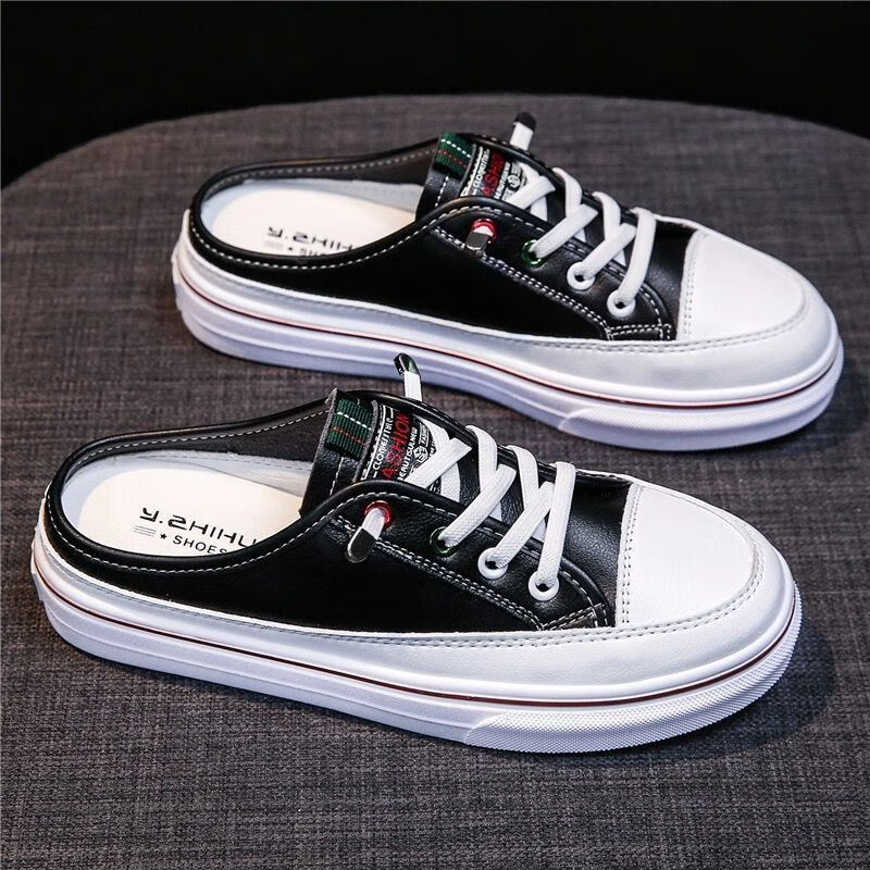 没有脚后根的无后跟女鞋半拖鞋小白拖鞋小白鞋半拖女平底2022夏季新款