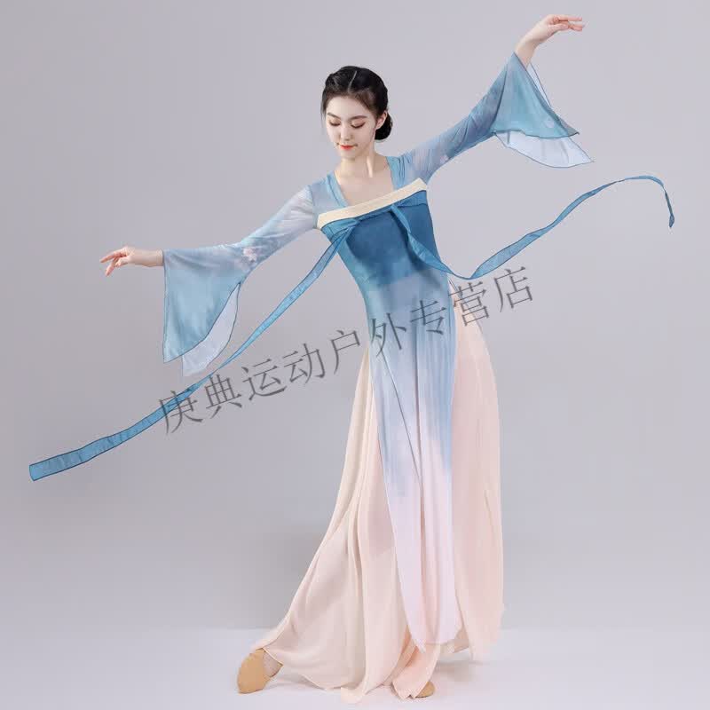 炫逐古典舞舞蹈服女国风飘逸汉服齐胸裙中国舞练功服飘带长款身韵纱衣 S 山海蓝单纱衣
