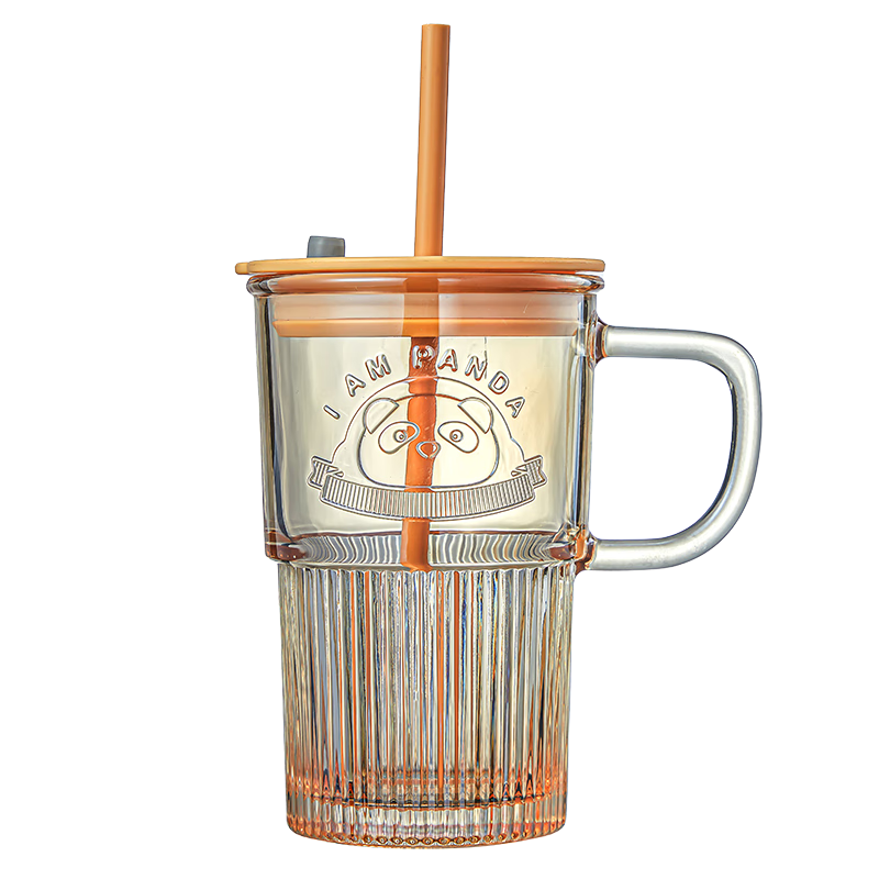樂唯詩(LOVWISH)玻璃杯熊貓浮雕帶把玻璃水杯果汁杯咖啡杯啤酒杯 熊貓吸管杯【琥珀】 420ml 1只
