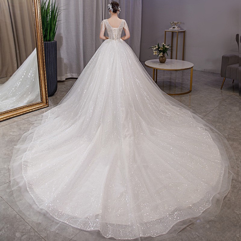 婚纱2022新款新娘重工奢华v领大气拖尾主婚纱礼服 亮片裙拖地款 l