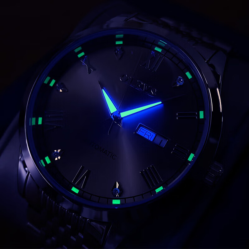 欧利时（OLEVS）高端名牌2026新款手表男机械表全自动防水夜光镶钻定制刻字男士表 钢带间绿【全国联保】免费刻字