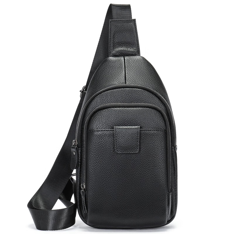 mospoke男士胸包男斜挎包单肩包新款头层牛皮休闲时尚背包 黑色