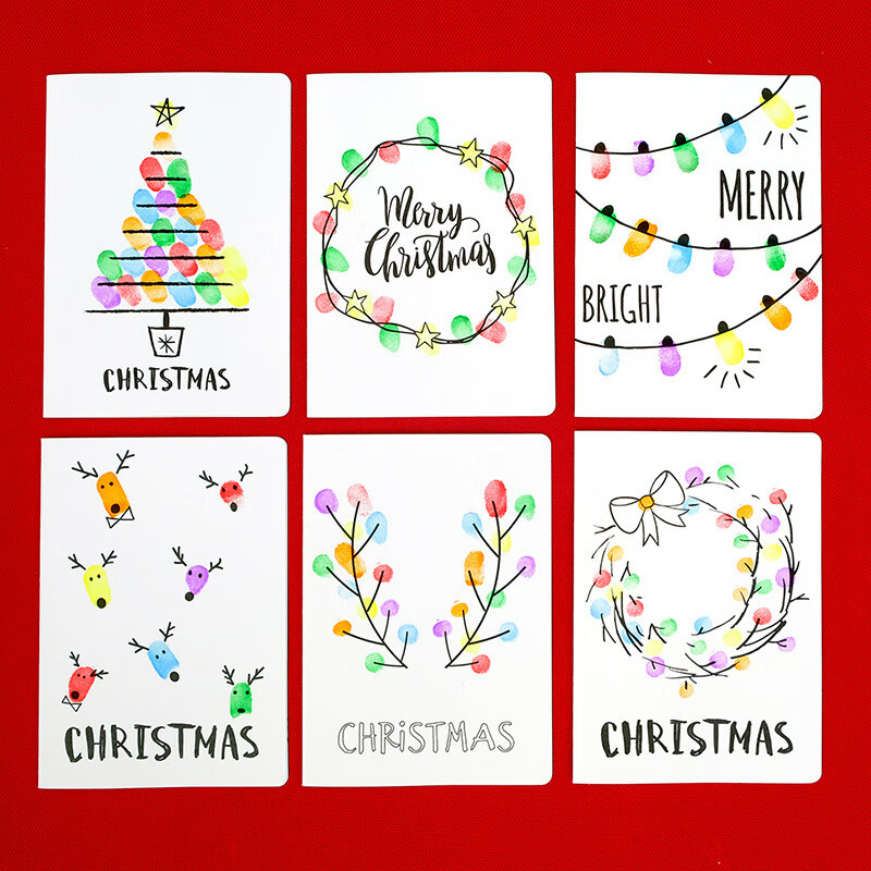 创京懿选手指画贺卡圣诞节日创意亲子 手工贺卡 简单易操作创新 六张