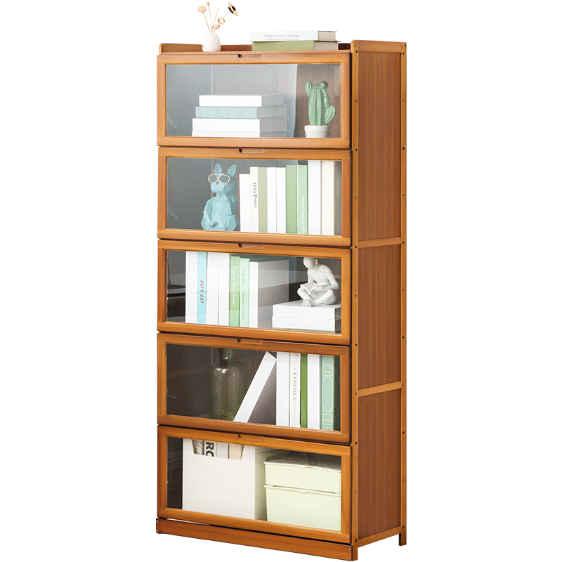 木马人简易落地多层加厚翻门书柜客厅组合置物简约办公书房楠竹储物柜子现代桌面小书柜阅读柜学生图书 【透明翻门】五层80长