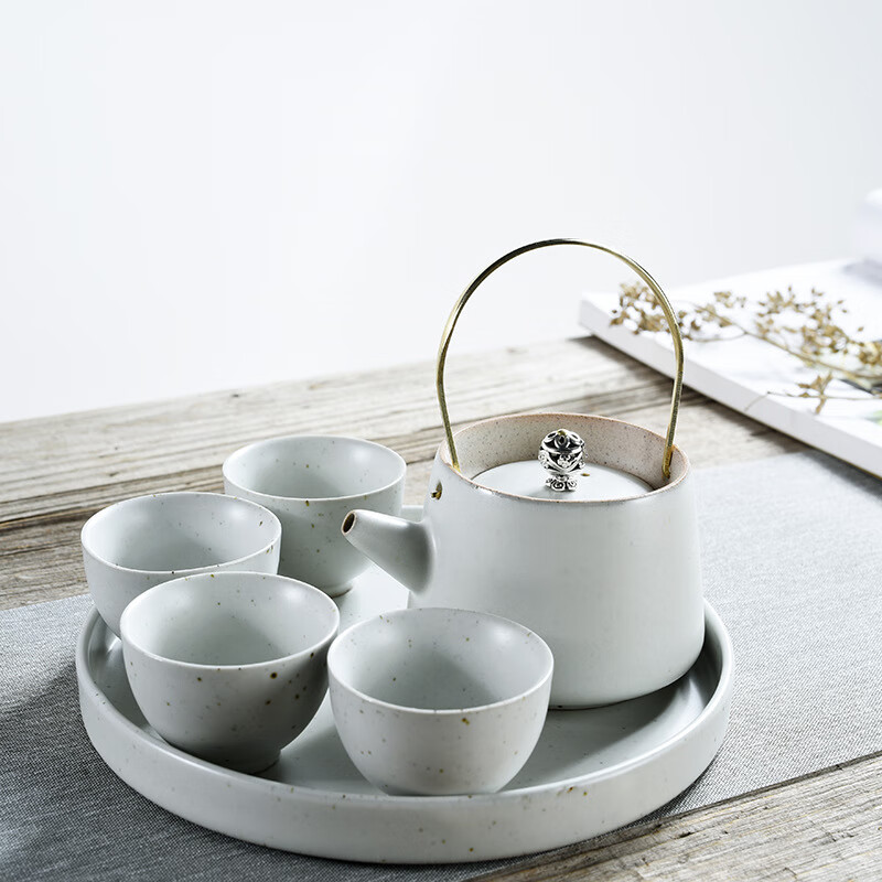荼白粗陶干泡茶具套装陶瓷窑变整套功夫茶具家 慢生活(圆盘1壶4杯)-白