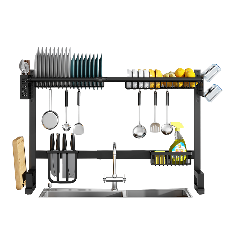 溢彩年华 厨房置物架可伸缩不锈钢水槽沥水架台面碗碟架筷子筒刀架砧板架收纳架子7件套7126-BK