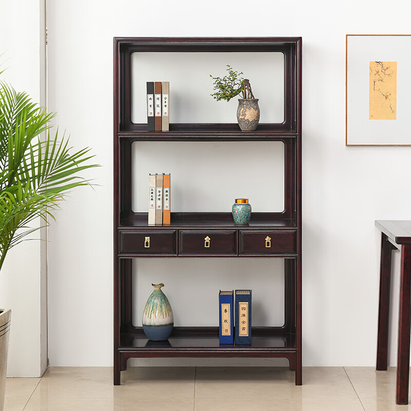 紫檀)书架新中式书橱全实木书架置物架带抽收纳柜展示柜 96明式书架