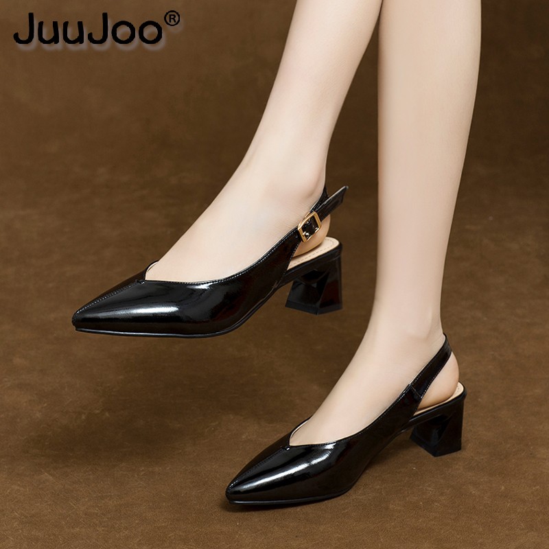 juujoo品牌2021夏季新款尖头后空粗跟凉鞋女中跟包头女鞋子百搭浅口