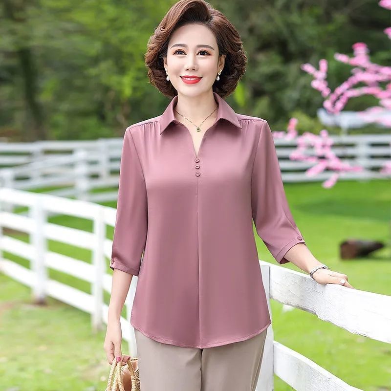 2021新款中老年女装春装七袖大码宽松上衣妈妈夏装中年洋气衬衫 皮