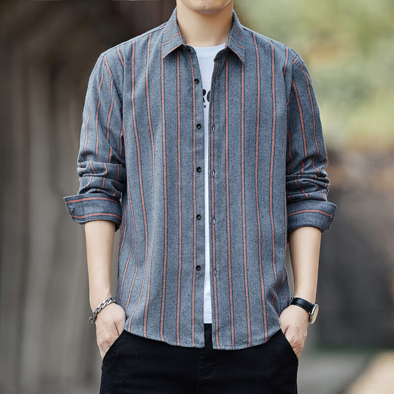 以纯(yishion)以2020秋季新款男士长袖衬衫韩版休闲格子港风宽 625灰