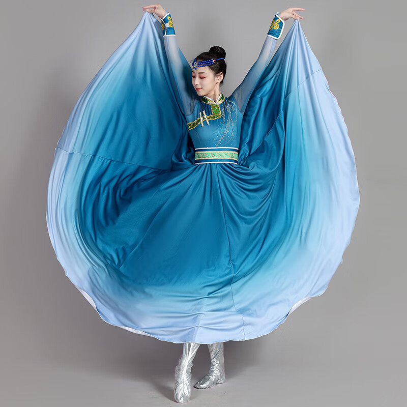 裙少数民族表演服蒙族舞长裙女学生艺考大摆裙 蓝色720度长裙带头饰 s
