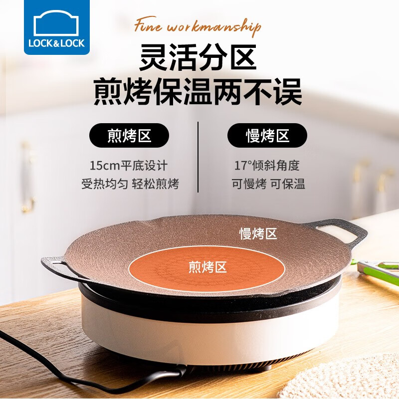 乐扣乐扣（LOCK&LOCK）烤肉盘麦饭石色煎盘韩式不粘煎烤盘平底锅户外露营野餐烧烤锅家用 烤盘【36cm】【配手柄】