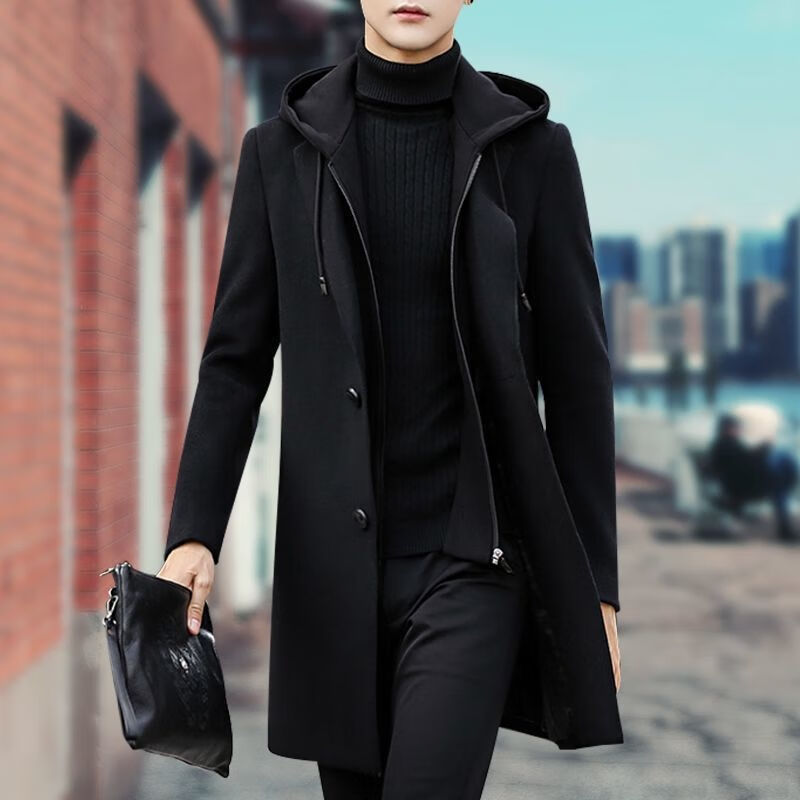 舒晋秋冬季风衣男韩版修身中长款毛呢大衣男帅气休闲衣服加厚呢子外套