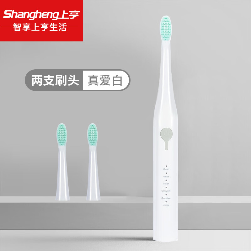 上亨（shangheng） 电动牙刷成人男女士情侣款牙刷学生防水软毛牙刷家用充电式电动牙刷 珍爱白五档模式【2个刷头】