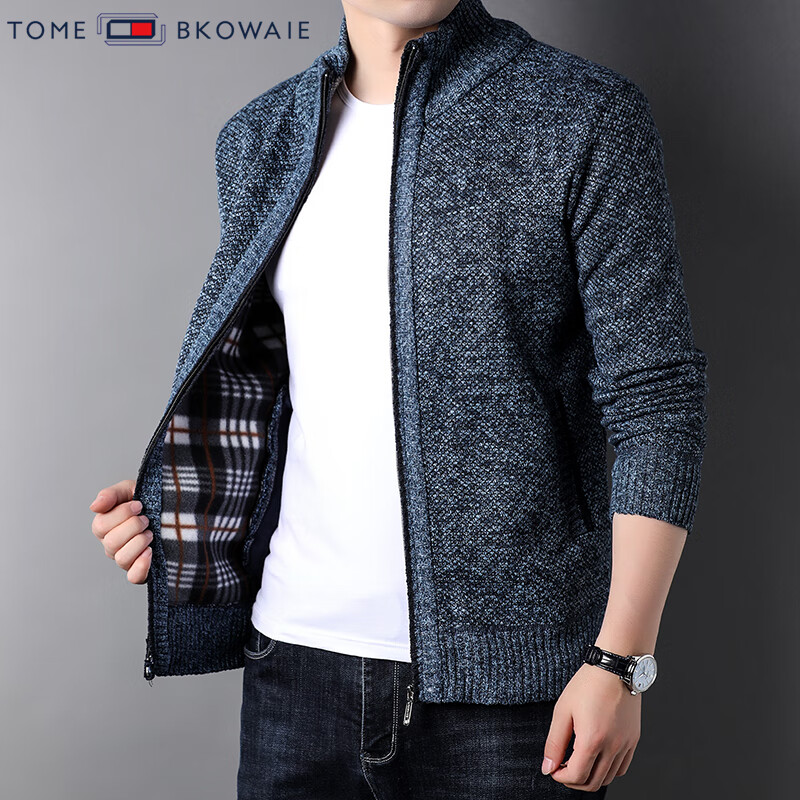 汤米芙兰可加绒加厚针织外套男2025年秋冬新款商务休闲保暖宽松毛衣开衫 兰色加绒 M (165)(建议100-120斤)