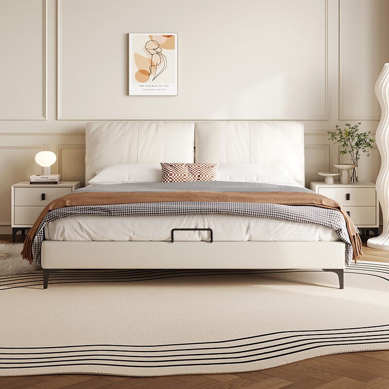 比卡茵（BIKAYIN）床真皮双人床现代简约奶油风主卧床大小户型大 (升级版)10cm钢木排骨架-床 三抽结构