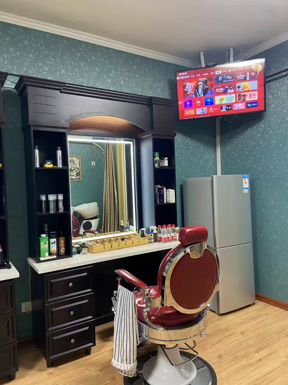 寒婵理发店镜子理发店镜台复古美发店专用剪发实木镜子男士油头馆barb